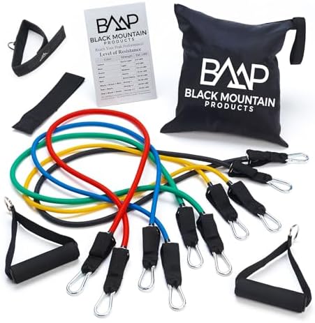 Black Mountain Products Resistance Band Set with Door Anchor, Ankle Strap, Exercise Chart, and Carrying Case, 48"