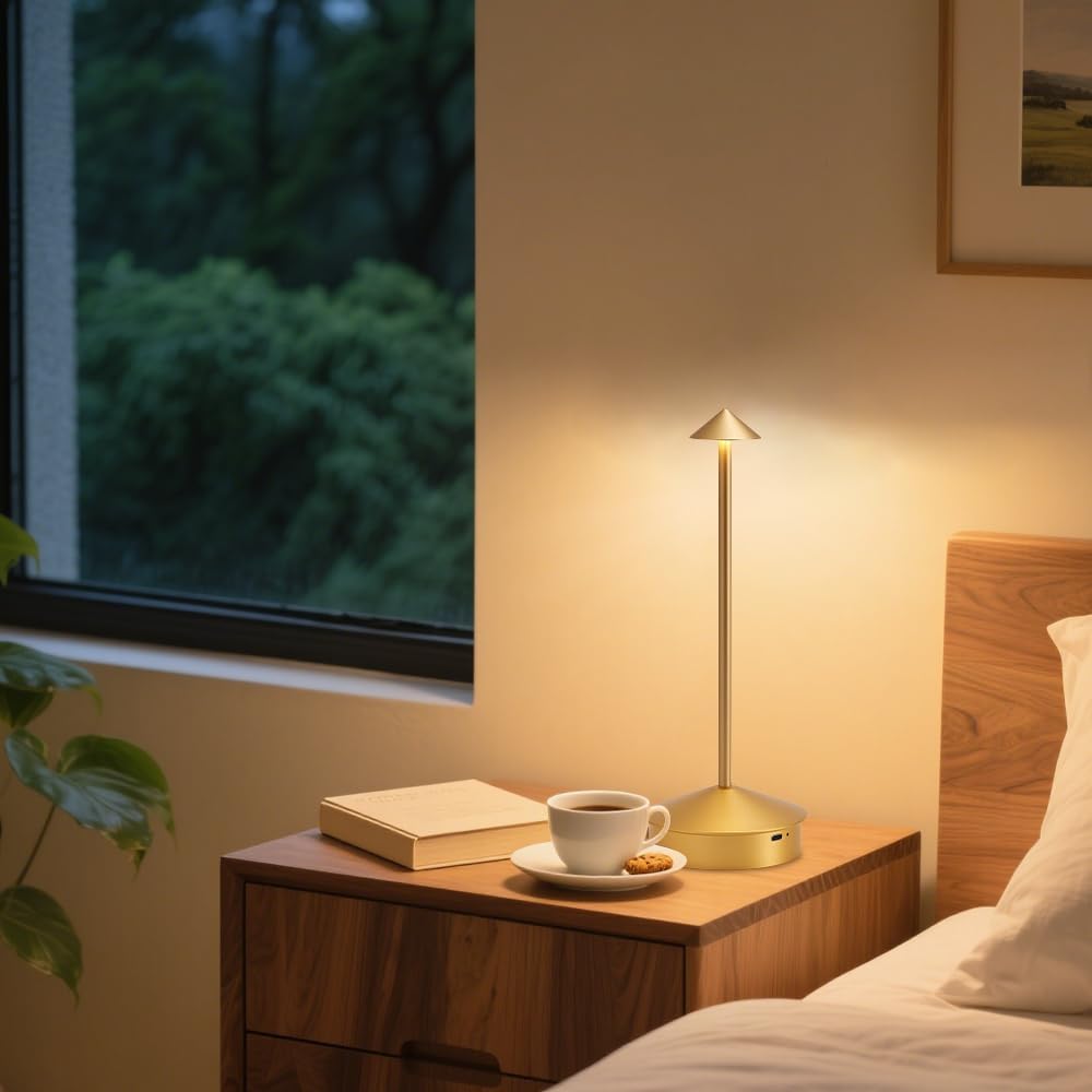 EJQ Cordless Table Lamp,Portable LED Table Light, Rechargeable 6000mAh Battery Operated, 3 Color Stepless Dimming Up Touch Lamp for Restaurant/Bedroom/Bars/Outdoor Party/Camping/Camping Light(Gold)