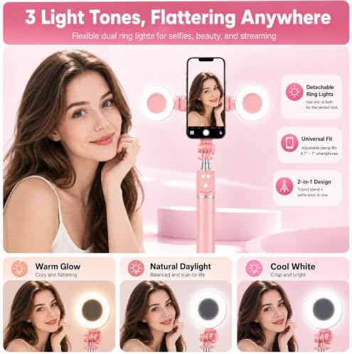 Tripod for iPhone with Light, Selfie Stick for iPhone, Pink Tripod Stand