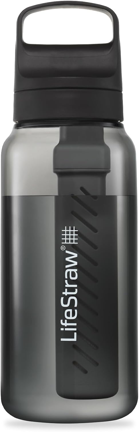 LifeStraw Go Series – BPA-Free Water Filter Bottle for Travel and Everyday use removes Bacteria, parasites and microplastics, Improves Taste, 22oz Cherry Blossom Pink