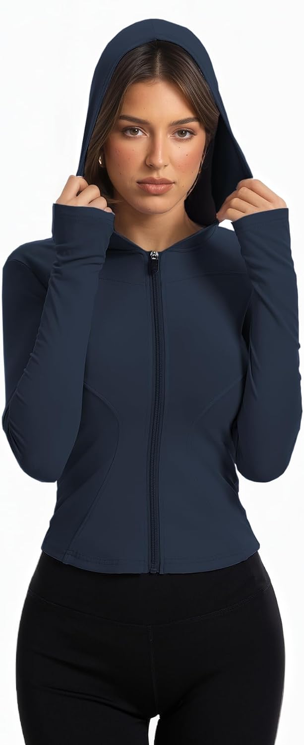 Women Bbl Jackets with Hood Compression Workout Tops Lined or Unlined Lightweight Yoga Gym Jacket with Thumb Hole