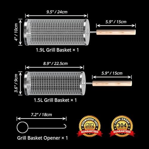 ivtivfu Rolling Grill Basket, Removable Wooden Handle, Nesting BBQ Tools