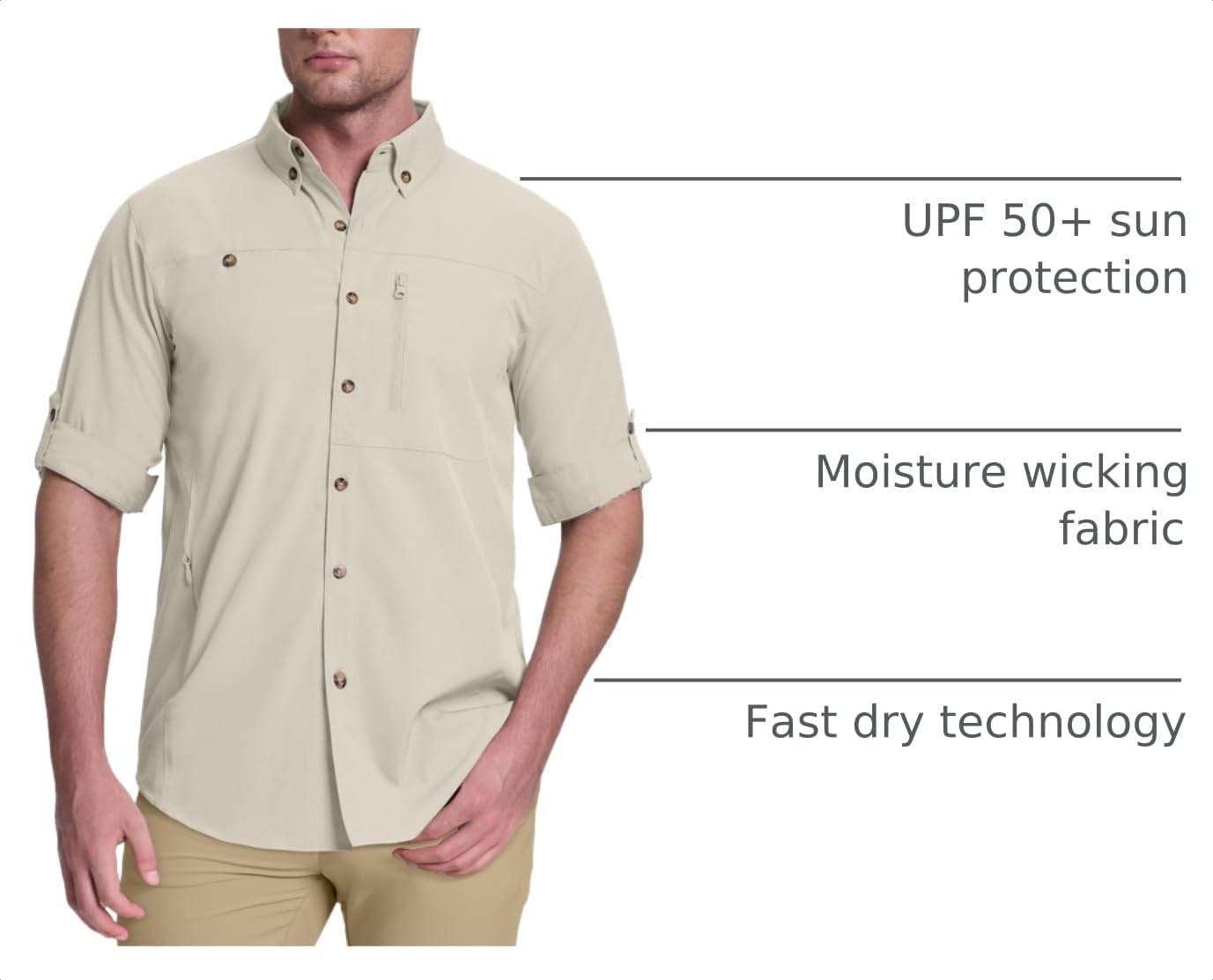 33,000ft Men's UPF 50+ UV Protection Long Sleeve Hiking Shirts Breathable Quick Dry Fishing Shirts for Safari, Outdoor