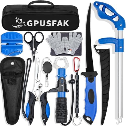 Fishing Tool Kit, 11 Pieces Fishing Gear, Fishing Pliers with Lanyard, Fillet Knife, Fish Lip Gripper, Fly Ice Fishing Hook Extractor, Anti-Cutting Gloves
