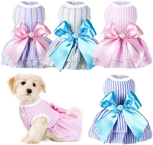 Reginary 4 Pack Princess Dog Dresses for Small Dogs Girl, Tutu Skirt with Pearl Bow, Cute Summer Puppy Clothes, Sleeveless Pet Apparel with Front Buttons for Chihuahua Yorkie Maltese, Cats(Small)
