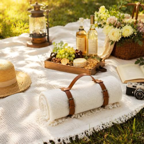 Boho Picnic Blanket with Leather Carry Strap, Extra Large White Outdoor Blanket with Fringe, Portable Sandproof Beach Mat for Camping, Park, Lawn & Photoshoot (71"x 71") (71 x 71 inches)