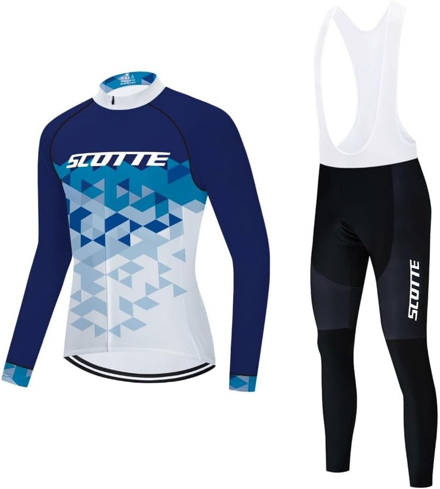 Men's Cycling Jersey Set Long Sleeve Bike Shirts Bicycle Clothing Cycling Bib Pants with 20D Gel Padded