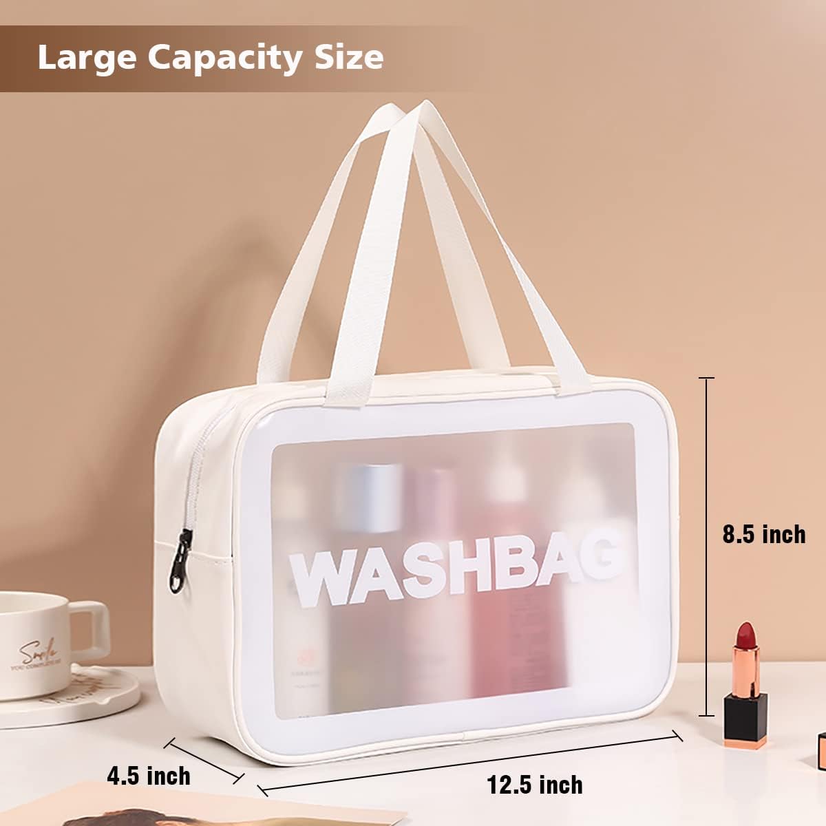 DAPOWER Travel Toiletry Bag for Women and Men, Matte Translucent Toiletry Bag with Handy Handle, Makeup Cosmetic Organizer Bag for Travel Toiletries Accessories (White)