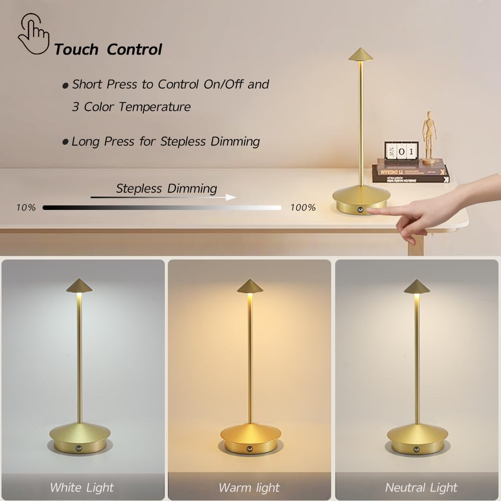 EJQ 2 Pack LED Rechargeable Cordless Table Lamps,Portable Outdoor 5000mAh Battery Operated Table Light Touch Control 3 Color Dimmable for Patio/Cofee/Restaurant/Camping/Dining/Bedroom-Gold