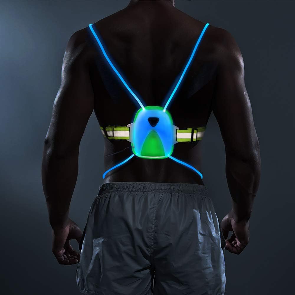 LONGU Led Running Reflective Vest Safety Night Light USB Rechargeable Cycling Multicolored Fiber Optics Suit Women Men Kids Adjustable Light Weight Gear for Jogging Biking