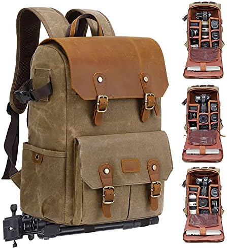 JAEP Camera Backpack - Weather Resistant 16 Ounces Waxed Memory Canvas – DSLR SLR Backpacks with 15.6” laptop sleeve compartment and Tripod Holder for Photographers -Vintage leather Style (Khaki)