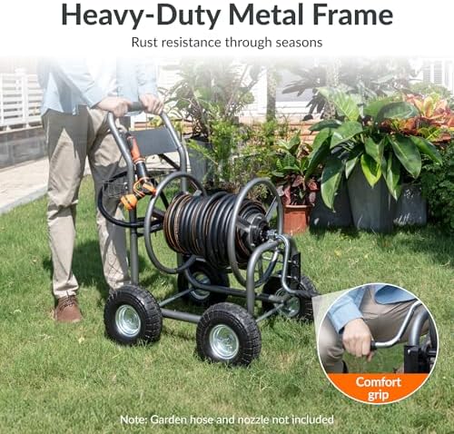 Giraffe Tools Heavy Duty Garden Hose Reel Cart with Wheels - Industrial Outdoor Hose Storage Reel, Pre-Installed Guide for 250-Feet of 5/8" Hose Capacity