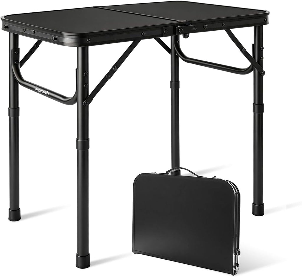 Folding Camping Table, Black Aluminum Frame,2-Position Adjustable Height,Lightweight Carry Handle, Portable for Travel, Camping Outdoor Use, 2 Ft x 1.5 Ft(Small), Black