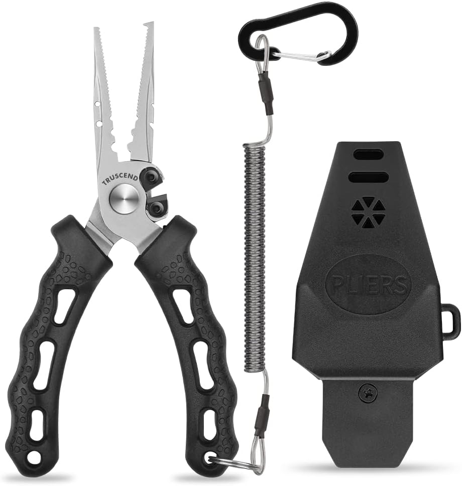TRUSCEND Easy Use Fishing Pliers with Line Cutter, Stainless Steel Fishing Tools, Muti-Function Hook Remover and Split Ring Plier Set, Spring-Loaded Jaws & Ergonomic Grip, Fishing Gear Gifts for Men