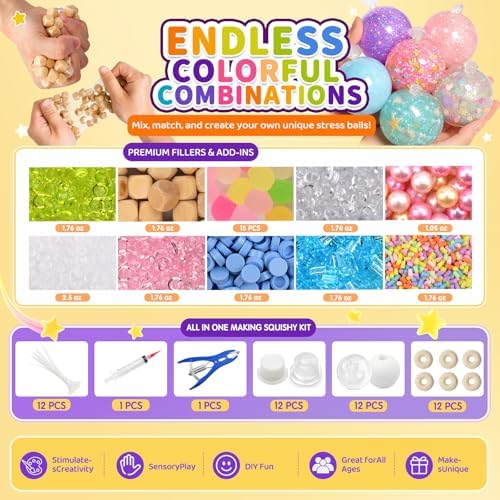 RYOXZEL DIY Stress Ball Making Kit, 12pcs Squishy TPR Ball Skins with 1lb Fillers, Make Your Own Squishies Set, Air Pump & Expander Tool Ties, Fidget Sensory Craft Kit for Stress Relief