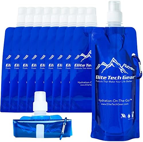 Elite Screens Collapsible Water Bottles - 10-Pack, 16.9 oz, Blue - Foldable & Reusable Water Bottle with Carabiner Strap for Hiking, Camping & Cycling - Long Flight Must-Haves & Theme Park Essentials