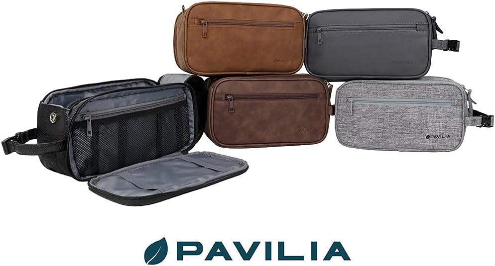 PAVILIA Toiletry Bag for Men, Travel Essentials Shaving Dopp Kit, Mens Travel Bag Toiletries Organizer Case for Grooming, PU Leather Water Resistant Cosmetic Bag Pouch (Brown)