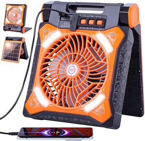 WESTTREE Solar Fan Battery Powered Rechargeable Solar Camping Fan with Led Lantern Power Bank Foldable Angle USB Personal Fans for Travel Outdoor CampingTents camping essentials X98 Orange