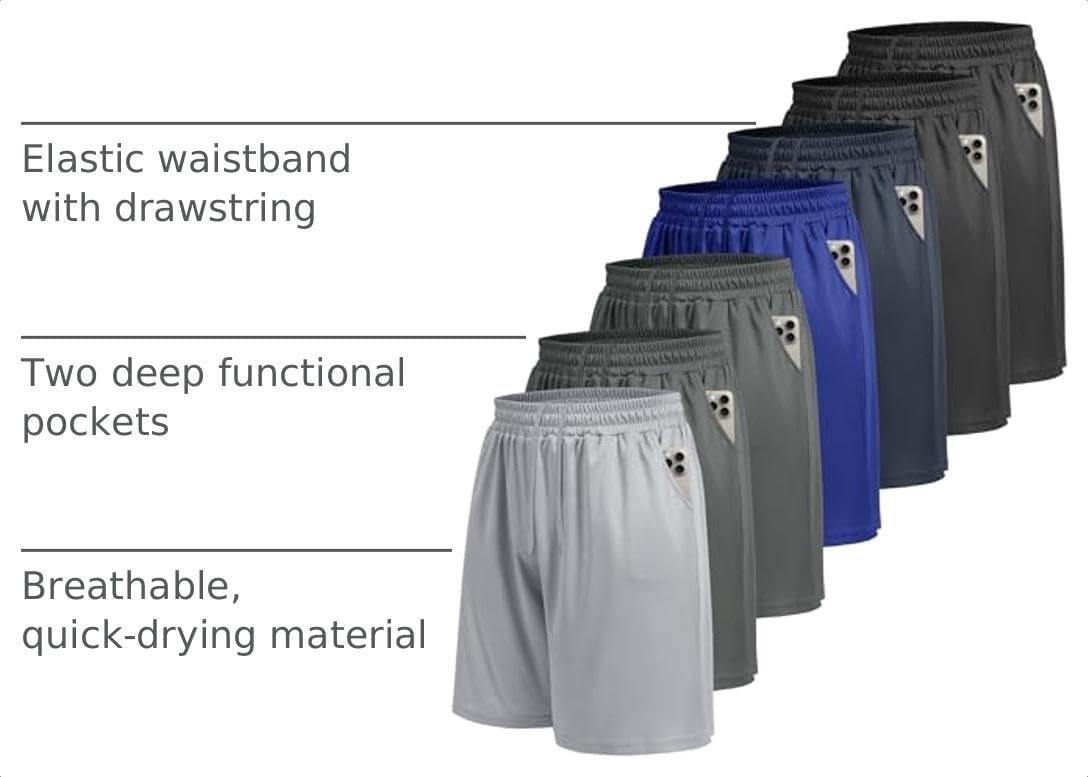7 Pack Mens Athletic Shorts with Pockets - Gym Basketball Workout Quick Dry