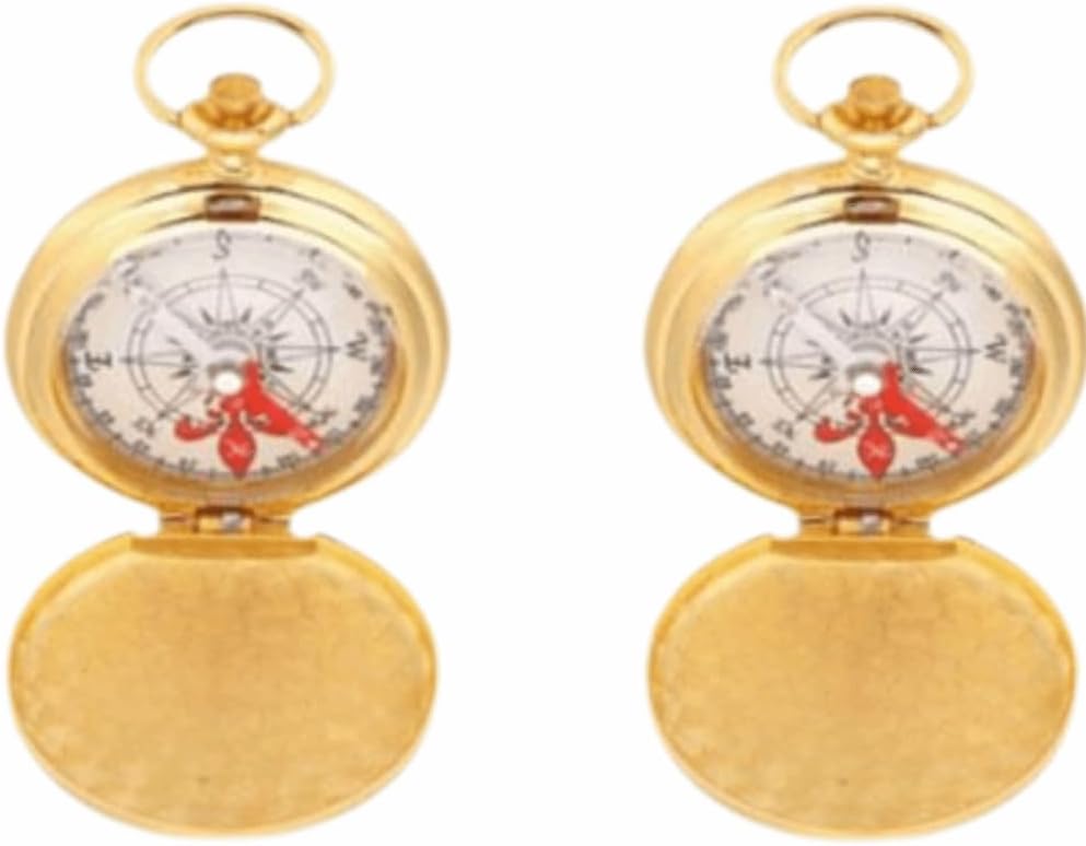 2 Pcs Golden Antique Navigation Compass Keychain – Water Proof Flip-Open Pocket Compass for Outdoor Camping & Hiking