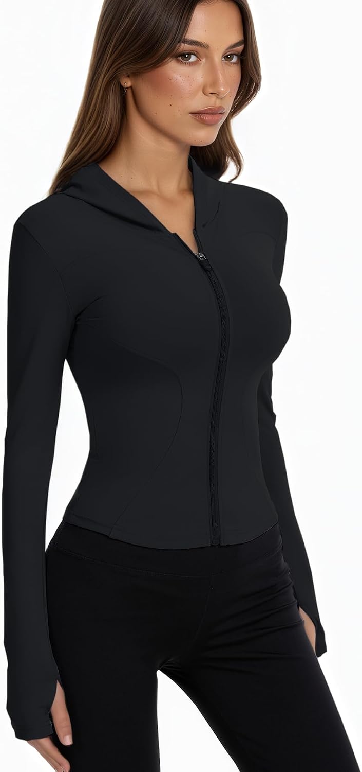 Women Bbl Jackets with Hood Compression Workout Tops Lined or Unlined Lightweight Yoga Gym Jacket with Thumb Hole