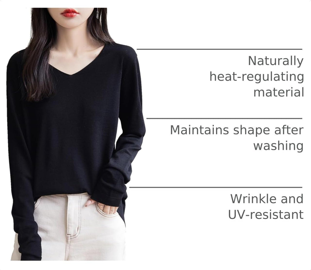 Chanyarn Women's 100% Merino Wool Base Layer Shirt Tops V Neck Long Sleeve Travel Hiking Tee T Shirt Pullover Sweater