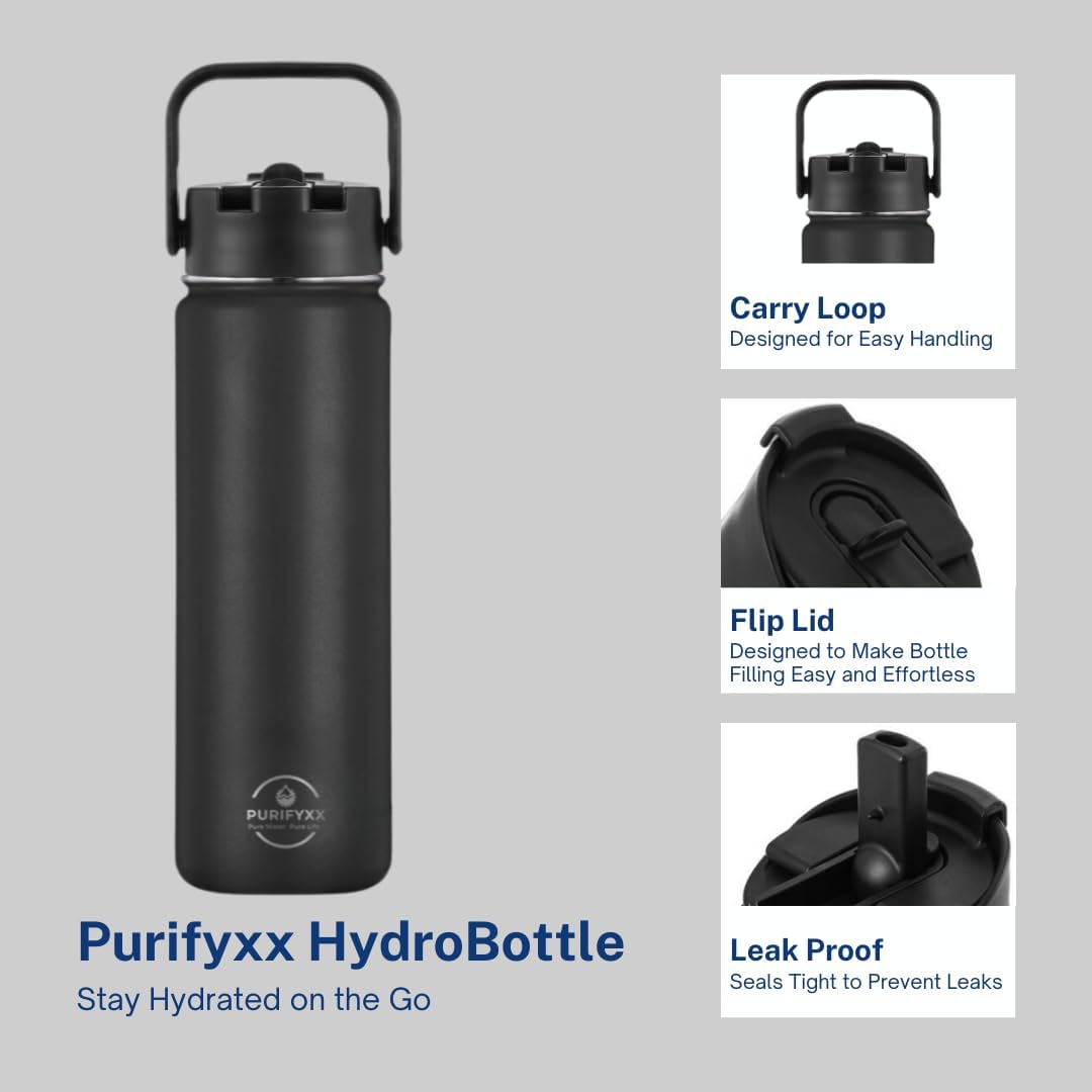 HydroBottle | Stainless Steel Filtered Water Bottle, 24 oz | BPA-Free, Removes Lead, Chlorine, Arsenic, VOCs | Filter Lasts 3 Months, Replaces 568 Plastic Bottles (Black)