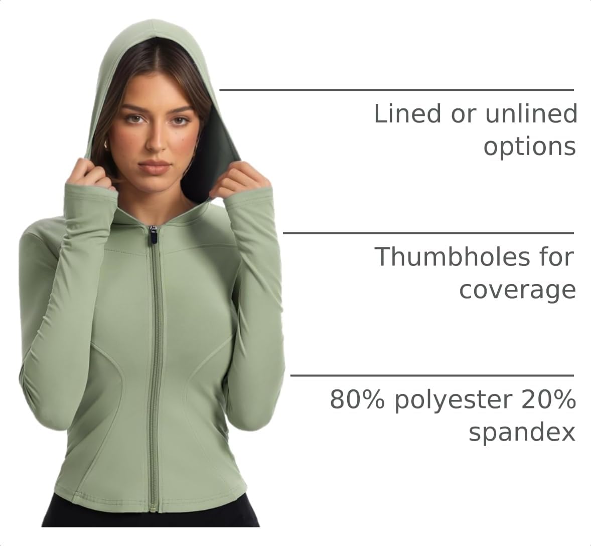 Women Bbl Jackets with Hood Compression Workout Tops Lined or Unlined Lightweight Yoga Gym Jacket with Thumb Hole