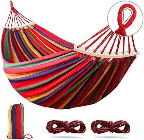 Outerman 275 x 155 cm Camping Hammock, Hammocks Thickened Canvas Fabric with 550lb Load Capacity, Two Anti Roll Balance Beam and Sturdy Metal Knot Tree Straps for Travel, Beach, Backyard etc.