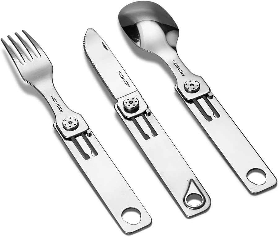 ROXON 3-in-1 Camping Utensils Set with Case (Knife, Spoon, Fork) Silver