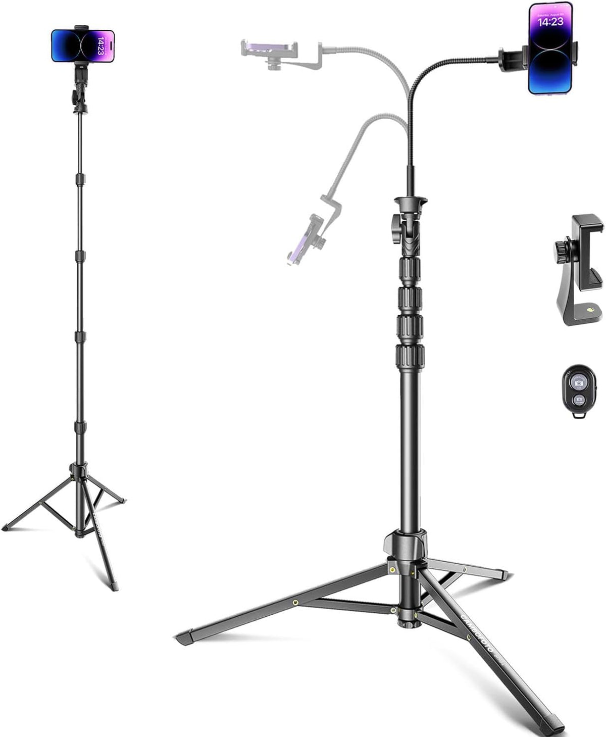 CAMBOFOTO 82"/210cm Tall Tripod for iPhone with Gooseneck & Remote, Holder