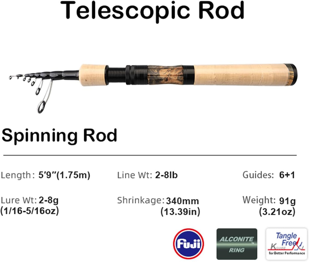 PURELURE Telescopic Fishing Rod Ultralight/Light, Portable Travel Rod 5'9''