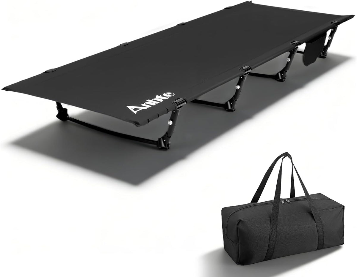 Anbte Ultralight Folding Camping Cot, Comfortable Portable Camping Cot Supports 275 lbs with Storage Bag & Side Pocket, Lightweight Folding Bed for Outdoor Travel Tent Indoor Emergency Bed, Black