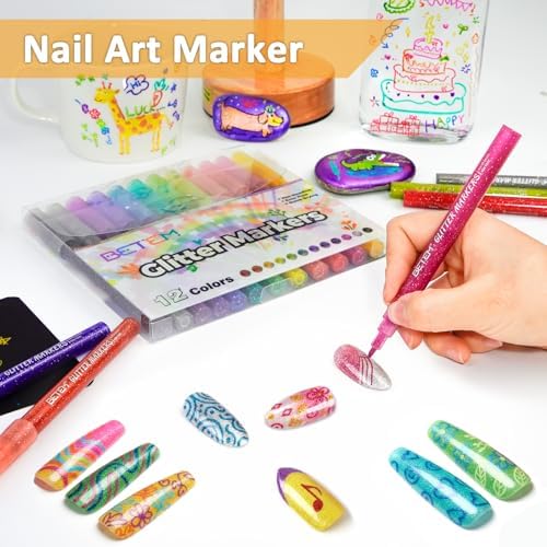 12 Colors Glitter Nail Art Pens Set, 3D Quick-Dry Water-based Ink Glitter Nail Art Markers DIY Manicure Kit for Home Salon Nail Designs, Glitter Pens Markers Nail Polish Pens Graffiti Dotting Pen