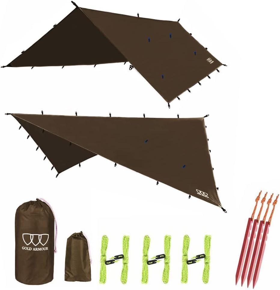 Gold Armour Rainfly Tarp Hammock, Premium 14.7ft/12ft/10ft/8ft Rain Fly Cover, Waterproof Ultralight Camping Shelter Canopy, Survival Equipment Gear Camping Tent Accessories (OD Green 12ft x 10ft)