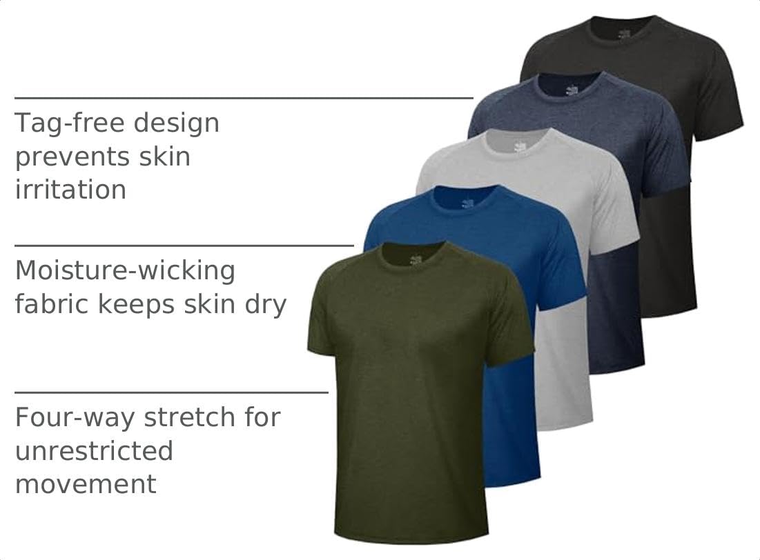 BOOJO 5 Pack Workout Shirts for Men-Quick Dry Black Gym Moisture Wicking Short Sleeve T-Shirts for Running Athletic Casual