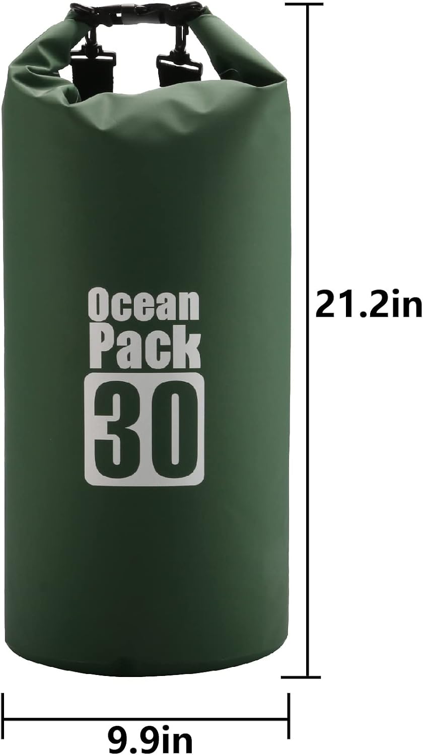 Dry Sack/Waterproof Bag for Boating, Kayaking, Hiking, Snowboarding, Camping, Rafting, Fishing and Backpacking (Dark Green, 30L)