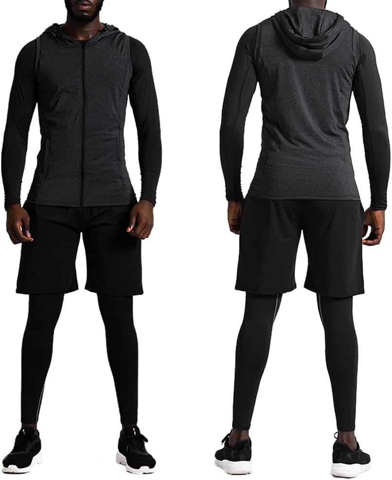 BUYJYA 5Pcs Men's Compression Pants Shirt Top Long Sleeve Jacket Athletic Sets Gym Clothing Mens Workout