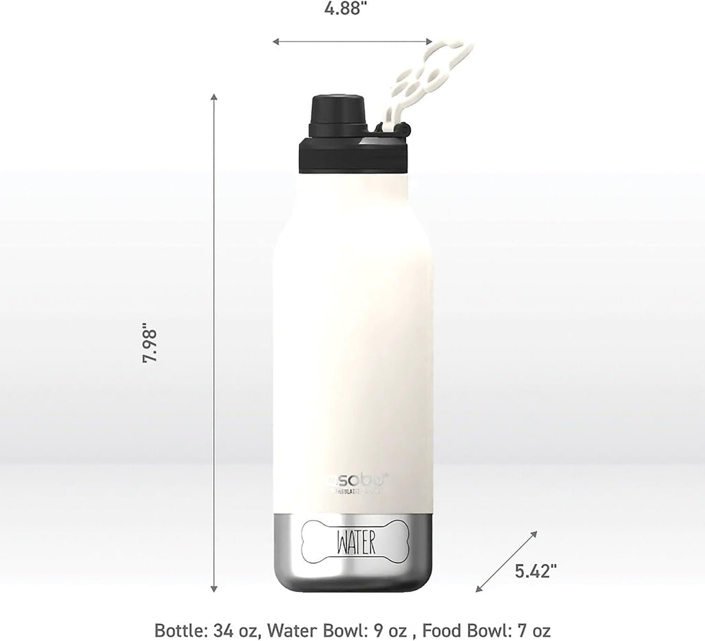 asobu Barky Bottle a Stainless Steel Insulated Water Bottle for with Removable Dog Water Bowl and Dog Food and Treat Storage Bowl (White, 34 oz Water Bottle | 2 Bowls)