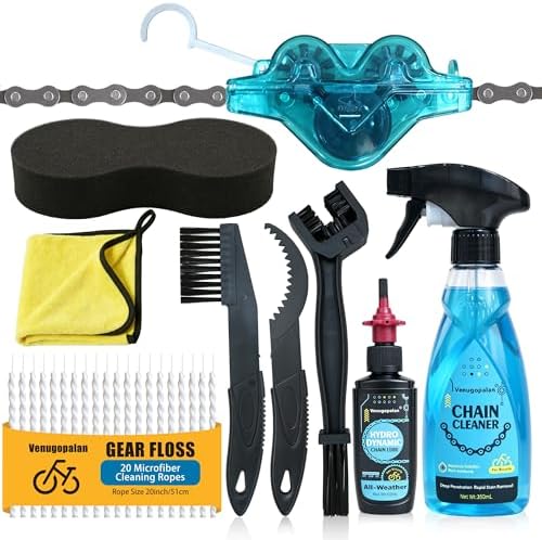 Bike Cleaning Kit Including Bicycle Chain Cleaner Degreaser, Chain Scrubber, Cycling Chain Lube, Cleaning Brush Tool, Gear Floss for Mountain Bike/MTB, Road Bike, Ebike and Trail Bikes