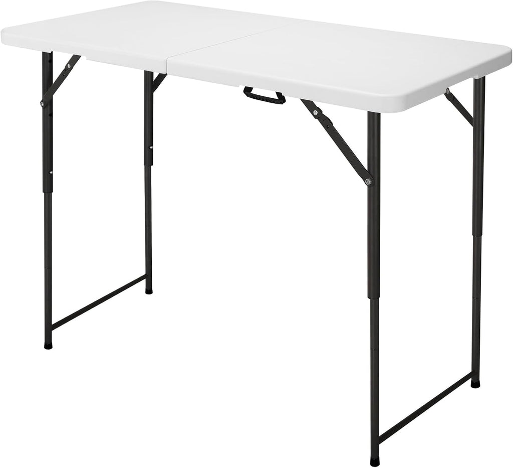 4ft Folding Table, Portable Fold-in-Half Adjustable Height Utility Table for Indoor/Outdoor Use, Durable HDPE & Steel, Stable & Lightweight, Multi-Purpose, Black Woodgrain