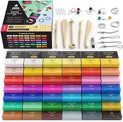 ARTEZA Polymer Clay Kit, 42 Colors with 5 Tools & Jewelry Findings, Oven-Bake Modeling Clay for Earrings, Charms, Miniatures, Jewelry & DIY Crafts