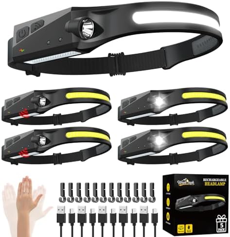 Rechargeable Headlamp 5PCS, 230° LED Head Lamp, Head Lights for Forehead