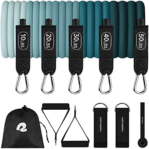 Retrospec Train Resistance Bands Set for Working Out - 5 Stackable Bands, Handles & Door Anchor - Portable Fitness Equipment for Physical Therapy & Yoga Includes Carry Bag