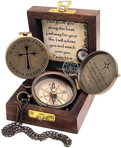 May Your Faith Always Guide You Pslam 32:8 Engraved Compass, Pocket Gift for Hiking, Religious Brass Compass with Wooden Box, Navigational Outdoor Compass Great Gift Item for Your Loved Ones