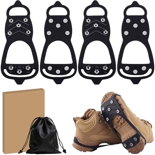 2 Pairs Ice Cleats for Shoes and Boots, Universal Non Slip Hiking Spikes, Micro Shoe Spikes for Snow and Ice, Durable Snow Crampons for Winter Hiking Climbing Ice Fishing, 8 Steel Studs Gripper Spike