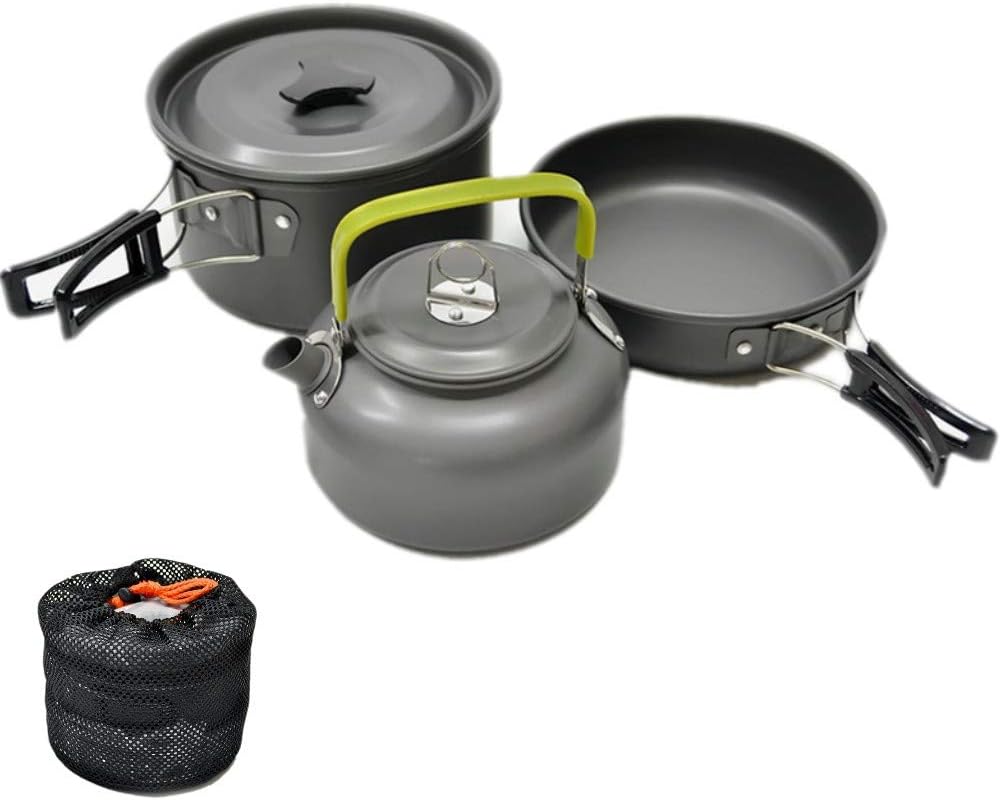 JZK Camp Cookware 2-3 People Set, Pan Pot Teapot Lightweight Outdoor Portable Camping Cooker Set for Trekking Hiking BBQ Picnic Campfire