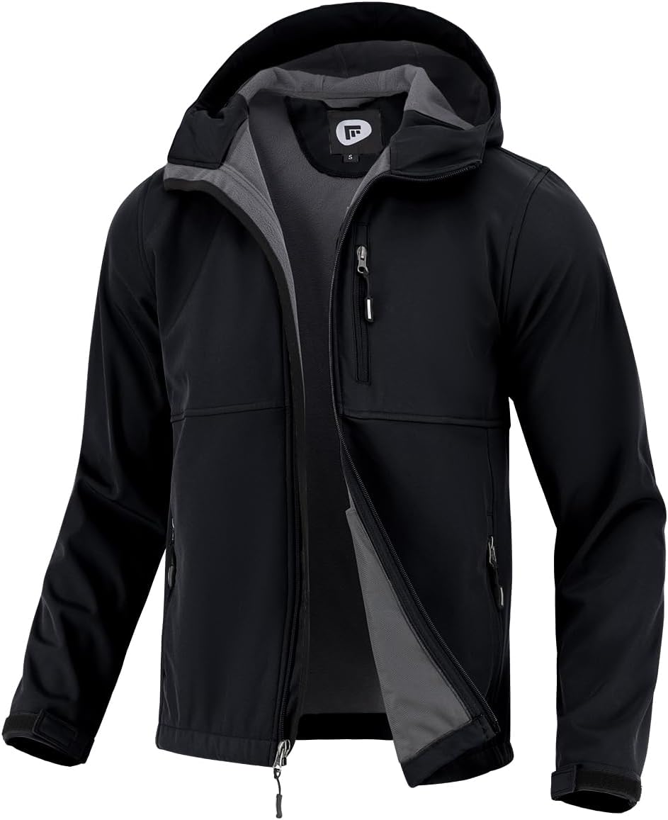 Garemcy Men's Insulated Softshell Jacket Water Resistant Lightweight Fleece Lined Windbreaker with Hood