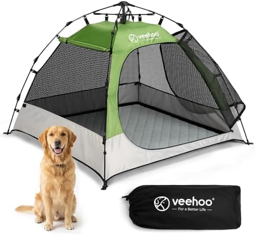 Veehoo Pop Up Dog Tent House for Indoor Outdoor, Portable &amp; Waterproof Dog Canopy Shelter with Cool Mesh, Foldable Automatic Pet Tent for Dogs with Camping Mat and Bag for Large &amp; Extra Large Dogs