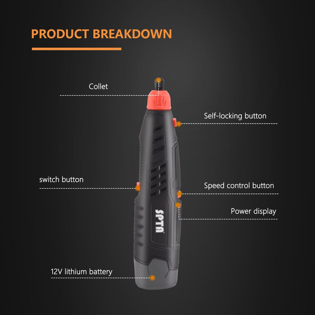 Cordless Rotary Tool, SPTA Powerful Mini Detail Polisher Kit, 36Pcs 12V Li-ion Battery 5,000-25,000 RPM Micro Auto Detailing Car Polisher Polishing Foam Pad Set for Buffing Polishing Sanding Cleaning